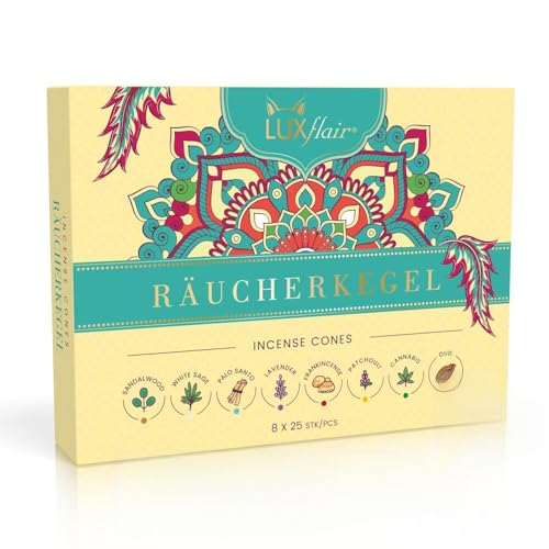 Räucherkegel Set, Mischung mit 8 Düften (je Packung 25 Kegel, insgesamt 200 Räucherkerzen), blumig, hölzig, klassisch, nachhaltige Produktion von Luxflair