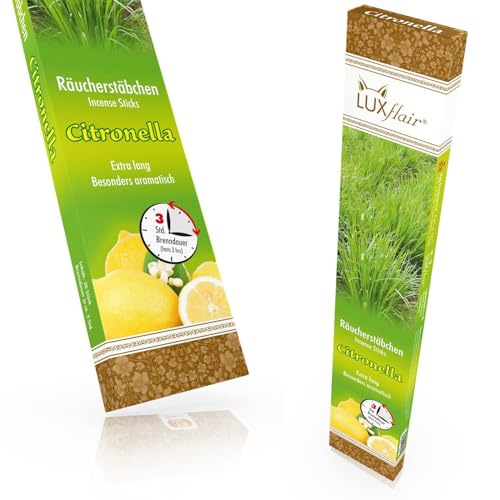 LUXflair Riesige Garten Räucherstäbchen Citronella, bis zu 3h Glimmdauer pro Stück, 20 Stück, Alternative zur Zitronella Gartenfackel oder Lampenöl von Luxflair