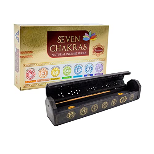 Set 7 Chakren: Masala Räucherstäbchen 7 Chakras inkl. Räucherstäbchen-Box mit Chakra Symbolen aus Rosenholz, handgefertigt, Chakra Geschenkset von Luxflair