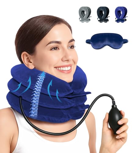 LuxoCare Verstellbares Nackenstrecker – Nackenkissen Aufblasbar mit Schlafmaske, Nackenstütze für Halswirbelsäulen Nackenschmerzen Entlastung beim Reisen, Arbeiten & Camping (Blau) von LuxoCare