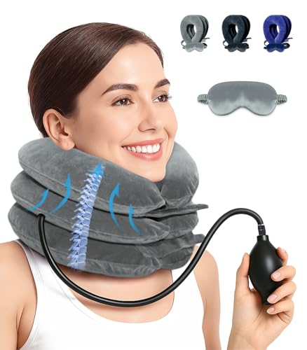 LuxoCare Verstellbares Nackenstrecker – Nackenkissen Aufblasbar mit Schlafmaske, Nackenstütze für Halswirbelsäulen Nackenschmerzen Entlastung beim Reisen, Arbeiten & Camping (Grau) von LuxoCare
