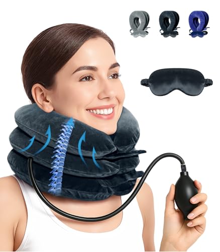 LuxoCare Verstellbares Nackenstrecker – Nackenkissen Aufblasbar mit Schlafmaske, Nackenstütze für Halswirbelsäulen Nackenschmerzen Entlastung beim Reisen, Arbeiten & Camping (Schwarz) von LuxoCare