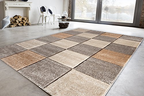 Luxor Living Teppich Modern Design Musterteppich Webteppich Kurzflor - Wohnzimmer, Esszimmer, Gästezimmer im Schachbrett Design mit 3-D Effekt komplett umkettelt 15mm Flor 140 x 200cm von Luxor Living