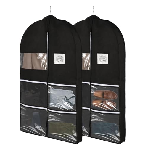 2 stück Kleidersack, Kleidersäck Lang 100x60cm, Atmungsaktive Kleiderhülle für Anzüge und Mäntel, 4 transparente Taschen, Schutztasche gegen Motten, Anzug Schutzhülle für Kleider, Jacken von Luxoraiova