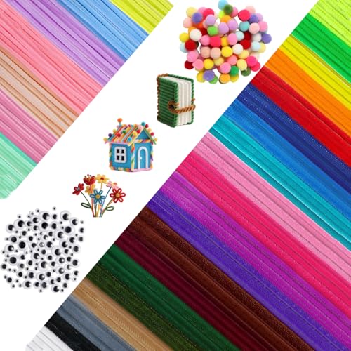 400 Stück Pfeifenputzer zum Basteln, 27Farben 200 Chenilledraht, 100 Chenilledraht Pompons und 100 Wackelaugen Selbstklebend, Pfeifenputzer Bunt zum Basteln für Kreative DIY von Luxoraiova