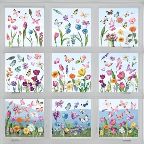 Fensterbilder Frühling Deko, 9 Fenstersticker Blumen, Fenstersticker Frühling mit Schmetterling Blumen, Schmetterling Deko, Statisch Haftende Fensteraufkleber Selbstklebend für Frühling und Sommer von Luxoraiova