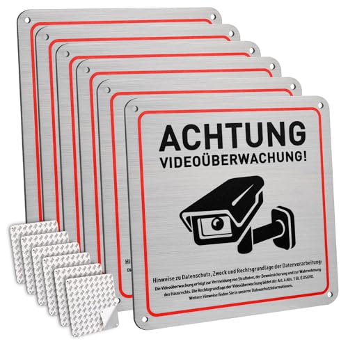 Luxoraiova 6 Stück Schild Videoüberwachung privatgrundstück, 15 x 15 cm Aluminium Aufkleber Videoüberwachung mit Selbstklebend und 4 Bohrlöcher, Achtung Videoüberwachung Schild für Innen und Außen von Luxoraiova
