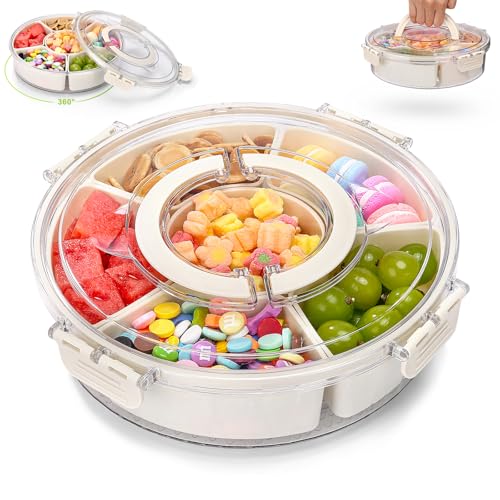Luxoraiova Snackbox mit Fächern, Rund Snackbox Drehbar mit Deckel und Griff, Snackteller Snacktablett Snackdose Organizer Große Snack Aufbewahrungsbox Drehbar Box für Süßigkeiten Obst Kekse Gemüse von Luxoraiova