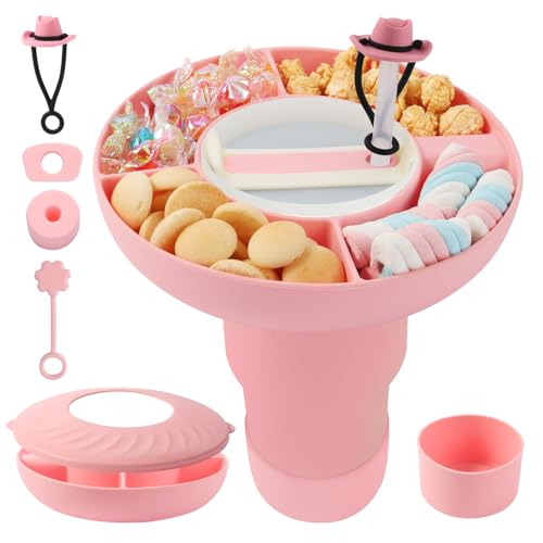 Luxoraiova Snackteller mit Deckel, Snackschale für Stanley Cup 40oz, Snack Teller mit fächern, Silikon Snackteller, Strohhalm Abdeckung und Auslaufschutz Zubehör Set (Rosa) von Luxoraiova