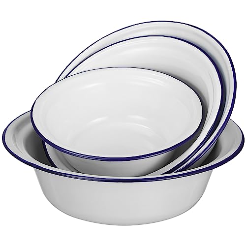 Luxshiny 4 Stück Emaille-Schüssel Weiß Rund Müslischale Vintage-Emaille-Suppenschüssel Salat-Servierschüssel Teigschüssel Mit Blauem Rand Brotschüssel Teller Obstschale Emailleware von Luxshiny