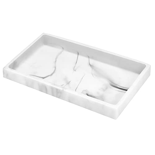 Luxspire Badezimmertablett, Harz Schminktisch Tablett Organizer Deko Rechteckig Schmucktablett Schmuckaufbewahrung Servierbrett Schale für Gewebe Kerzen Handtuch Kleine Kosmetisch, Marmor Weiß von Luxspire