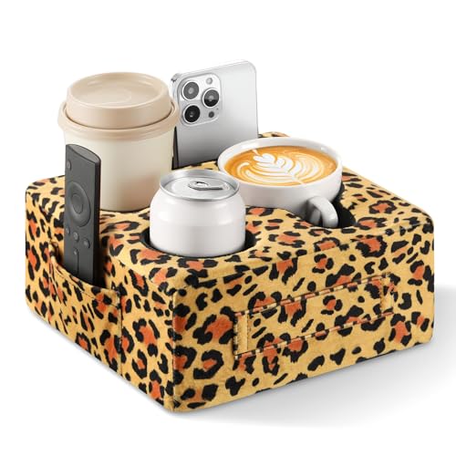 Luxspire Couch-Becherhalter-Tablett, Couch-Becherhalter-Kissen mit 4 Löchern, Seitentasche und Griff, Couch-Caddy-Kissen für Handy/Getränke/Fernbedienung/Snacks, Leopardenmuster von Luxspire
