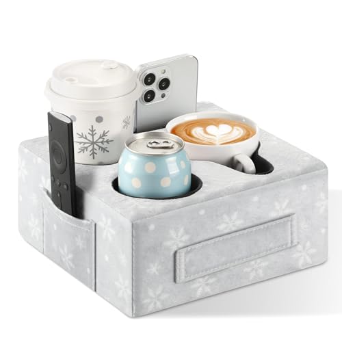 Luxspire Couch-Becherhalter-Tablett, Couch-Becherhalter-Kissen mit 4 Löchern, Seitentasche und Griff, Couch-Caddy-Kissen für Handy/Getränke/Fernbedienung/Snacks, Weihnachtsstil von Luxspire