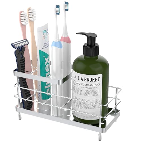 Luxspire Zahnbürstenhalter, 6 Schlitze Edelstahl Zahnbürstenhalter mit Abfluss, Zahnbürstenhalter für Badezimmer Arbeitsplatte & Küchenspüle, Badezimmer Zubehör, Silber von Luxspire