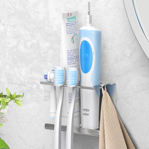 Luxspire Zahnbürstenhalter Edelstahl, Elektrisch Zahnbürstenhalterung 6 Schlitze Kompatibel mit Oral B iO Philips Sonic, Wandmontage Aufsteckbürsten Halter Ohne Bohren für Badezimmer, Silber von Luxspire