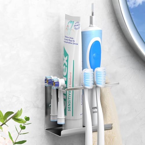 Luxspire Elektrische Zahnbürstenhalter, Edelstahl Zahnbürsten Halter Wand Ohne Bohren mit Aufsteckbürsten Halter Kompatibel mit Oral B iO Zahnbürstenköpfe Halter für Zahnpasta Organizer Bad, Silber von Luxspire