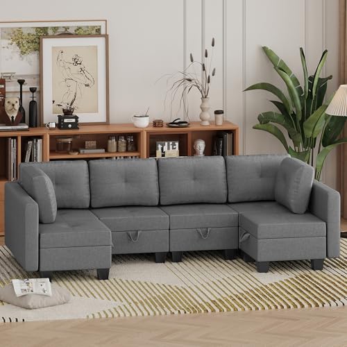 Luxstein Ecksofa mit Stauraum, U-förmiges Modulares Sofa mit Rückenlehne Armlehne und weichem Polster, Groß Stoffbezug Couch ausziehbar komfortabel für Wohnzimmer, 272 * 139 * 86cm, Grau von Luxstein