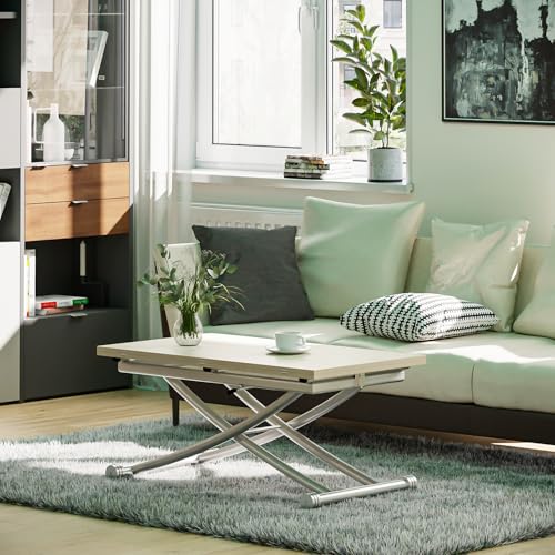 Luxstein Höhenverstellbarer Esstisch, 3-in-1 Wandelbarer und Ausziehbarer Couchtisch mit Rollen für Esszimmer, Wohnzimmer, Büro (Aktualisierte Version, Holz Maserung) von Luxstein