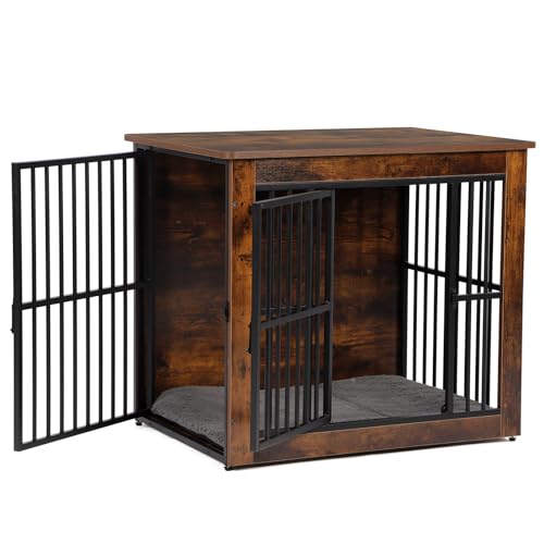 Luxstein Holz Hundekäfig, Hundebox mit Doppeltüren und weicher Matte, stilvolles Indoor Hundemöbel als Beistelltisch, 80,5x59x71,5 cm, Braun von Luxstein