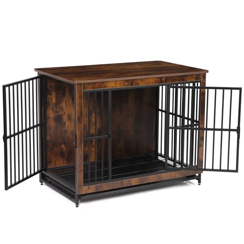 Luxstein Holz Hundekäfig für große Hunde, Hundebox mit Doppeltüren und herausziehbarem Tablett, stilvolles Indoor Hundemöbel als Beistelltisch, 97,5x59x77,5 cm, Braun von Luxstein