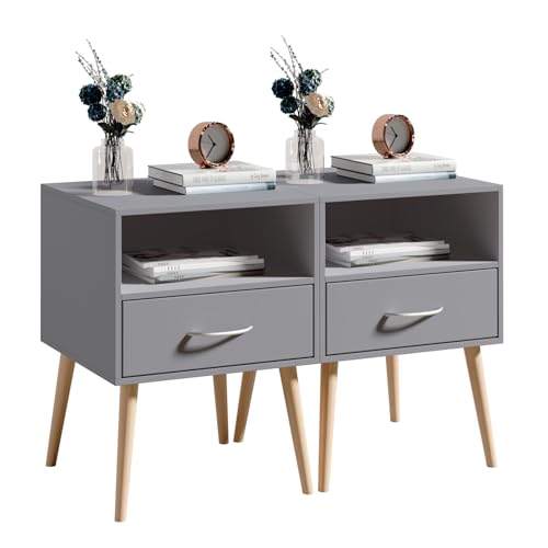 Luxstein Nachttisch mit Holzbeinen 2er Set, Moderner Nachtschrank mit hochwertiger Verarbeitung und großer Schublade, Beistelltisch für Schlafzimmer und Wohnzimmer, 40x40x56 cm, Grau von Luxstein