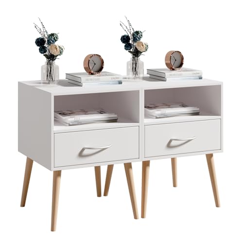 Luxstein Nachttisch mit Holzbeinen 2er Set, Moderner Nachtschrank mit hochwertiger Verarbeitung und großer Schublade, Beistelltisch für Schlafzimmer und Wohnzimmer, 40x40x56 cm, Weiß von Luxstein
