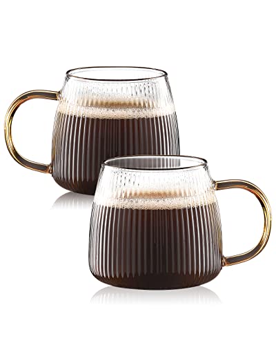 Luxtea Vintage Glas Kaffeetassen Set mit 2 gerippten Trinkgläsern klare Teetassen Borosilikatglas Tasse in vertikalem Streifenmuster für Cappuccino, Latte, Getränke (350 ml, gelber Griff) von Luxtea