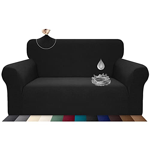 Earnmore Stretch Wasserdicht Sofabezug für 2 Sitzer Stylish Pattern Sofahusse Anti Rutsch Kratzfest Couchhusse mit Anti-Rutsch-Schaumstoffe(2 Sitzer,Schwarz) von Earnmore