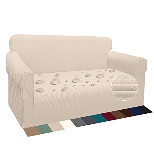 Earnmore Wasserdicht Sofabezug 1 Sitzer Verdickte Stretch Sofahusse Hunde und Katzen Rutschfester Möbelschutz mit Schaumstangen für Wohnzimmer Anti Rutsch (2 Sitzer,Beige) von Earnmore