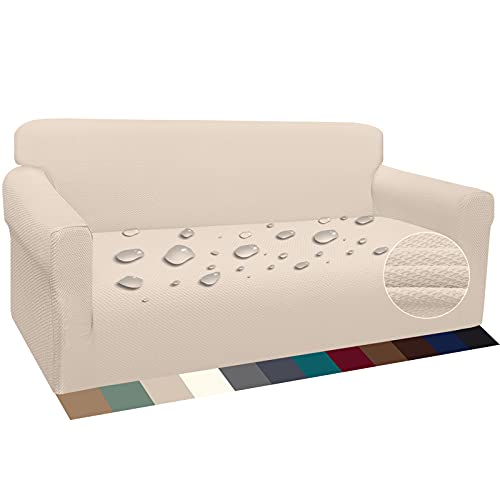 Earnmore Wasserdicht Sofabezug 1 Sitzer Verdickte Stretch Sofahusse Hunde und Katzen Rutschfester Möbelschutz mit Schaumstangen für Wohnzimmer Anti Rutsch (3 Sitzer,Beige) von Earnmore