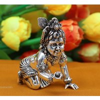 Divine Baby Krishna Ladu Gopala Kleine Krabbel Kirshna, 925 Sterling Silber Statuen Makkhan Gopal Figur Puja Best Diwali Geschenk Art231 von LuxurySilverGifts