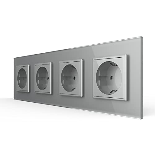 LIVOLO Glas schuko Steckdose 4 Fach Grau mit Kindersicherung vierfach Einbau Glassteckdose Unterputzdose mit Glaspanel Schutzkontakt VL-C7C4EU-15 von Luxus-Lamp