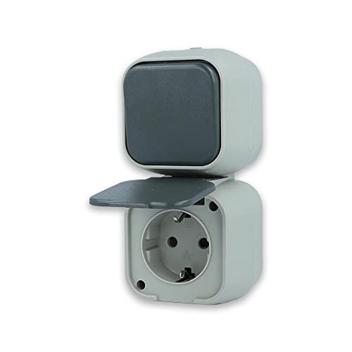 Aufputz Ein/Aus Schalter, Wechselschalter, usw. und Steckdosen IP54 für Feuchtraum oder Draußen (Ein/Aus Schalter+Steckdose Schuko Aufputz H2-B110GVM) von Luxus-Time