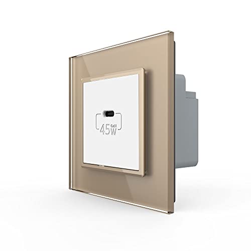 Luxus-Time LIVOLO 1 faches USB-C Schnellladegerät 45W USB Einbau Wanddose Steckdose UP Unterputzdose Weiß VL-FCUC-2WP-SR-13 mit Glasrahmen in Gold von Luxus-Time