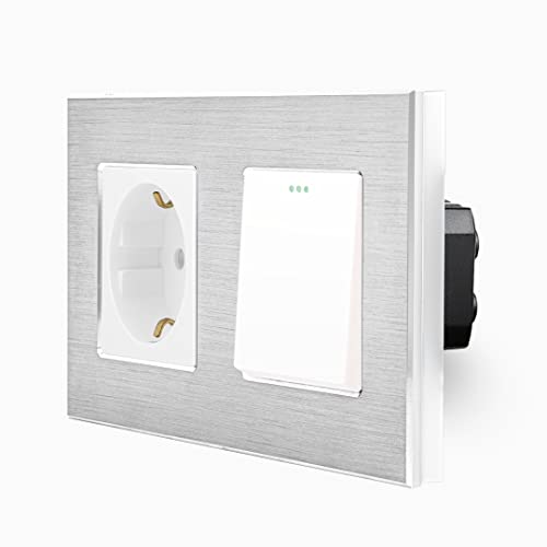 Luxus-Time Wipp 1-Fach Wechsel Lichtschalter Ein/Aus + Steckdose inkls. Design Aluminium Rahmen 2 Fach Einbau Kippschalter mit Einbausteckdose für die Unterputzdose in weiß Silber von Luxus-Time