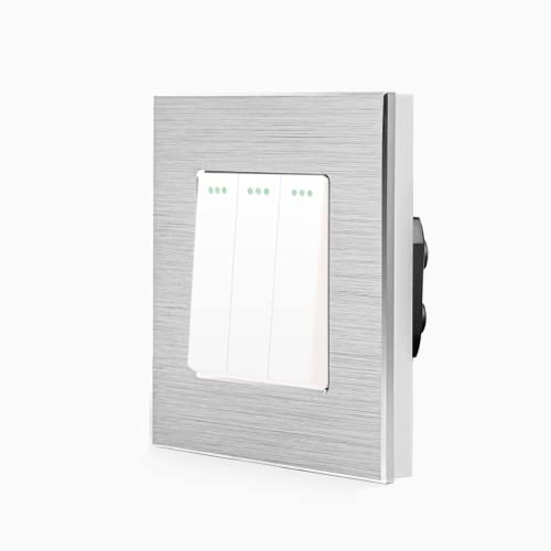 Luxus-Time Wipp 3-Fach Lichtschalter Ein/Aus 3er Schalter inkls. Design Aluminium Rahmen 1 Fach Einbau dreifach Kippschalter für die Unterputzdose in weiß Silber von Luxus-Time