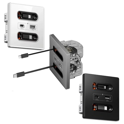 Schnelllade USB Ladedose Typ-C & iPhone | Ausziehbares Teleskop-Ladekabel (Schnelllade USB Ladedose Grau mit Glasoberfläche) von Luxus-Time
