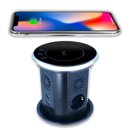 Versenkbarer Steckdosenturm Tisch-Einbau-Steckdose IP55 mit USB & Wireless Charger versteckte fahrbare Tischsteckdose mit Bluetooth Lautsprecher & Induktions Ladestation mit Beleuchtung LX-SNV-3GD-U von Luxus-Time