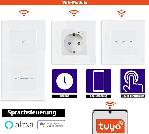 WLAN Steckdose & Touch Lichtschalter Wechselschalter Dimmer | LED beleuchtet | SmartHome | Alexa/Google Home kompatibel | Glasrahmen | LUXUS-TIME (Rahmen 5-Fach) von Luxus-Time