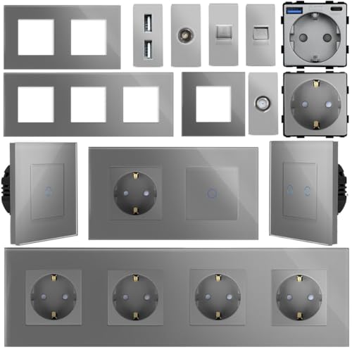 WLAN Touch Lichtschalter Wechselschalter Dimmer Serienschalter Steckdose | LED beleuchtet | Alexa/Google Home kompatibel | Glasrahmen | Grau | LUXUS-TIME (Serientaster (ohne WLAN)) von Luxus-Time
