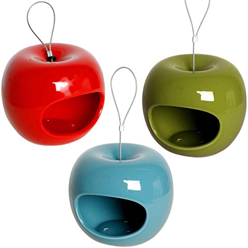 Edle 10100e Design-Futterspender in Apfelform im 3er-Set, Futterstationen in drei Farben, Ø 14 x 12 cm, Keramik von Luxus-Vogelhaus