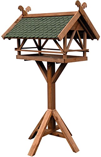 LUXUS-VOGELHAUS 49005e Vogelvilla XXL - Vogelfutterhaus Westfalen - Vogelhaus inkl. Ständer - Futterstation aus Holz mit Bitumen 78 x 62 x 148 cm - Dunkelbraun von Luxus-Vogelhaus