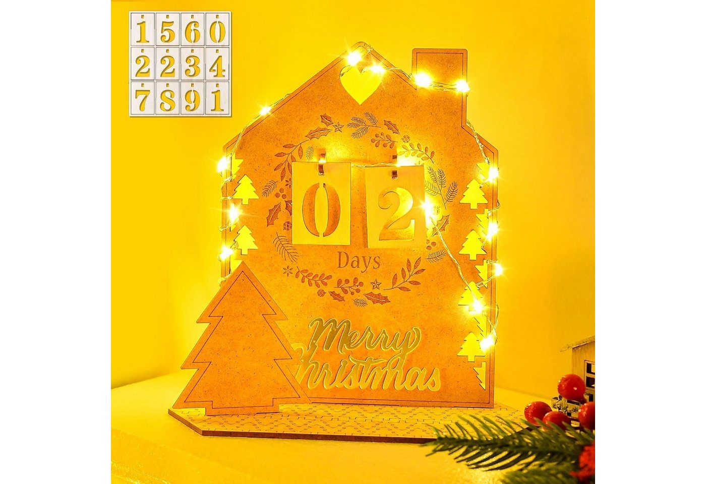 LuxusKollektion Adventskalender Adventskalender Holz mit LED Lichterkette 24 Tage für Haus und Büro von LuxusKollektion