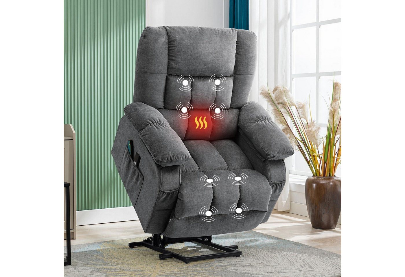 LuxusKollektion Armlehnstuhl Aufstehsessel elektrisch Massage Wärmefunktion Fernsehsessel Grau von LuxusKollektion