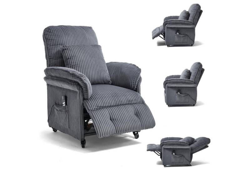 LuxusKollektion Armlehnstuhl Relaxsessel elektrisch 2 Motoren Rollen Fußstütze Cord Dunkelgrau von LuxusKollektion