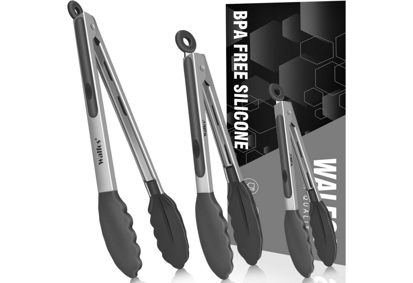 LuxusKollektion Backform Grillzange 3er Set Edelstahl Silikonspitzen 480F 18cm+23cm+30.2cm Grey von LuxusKollektion