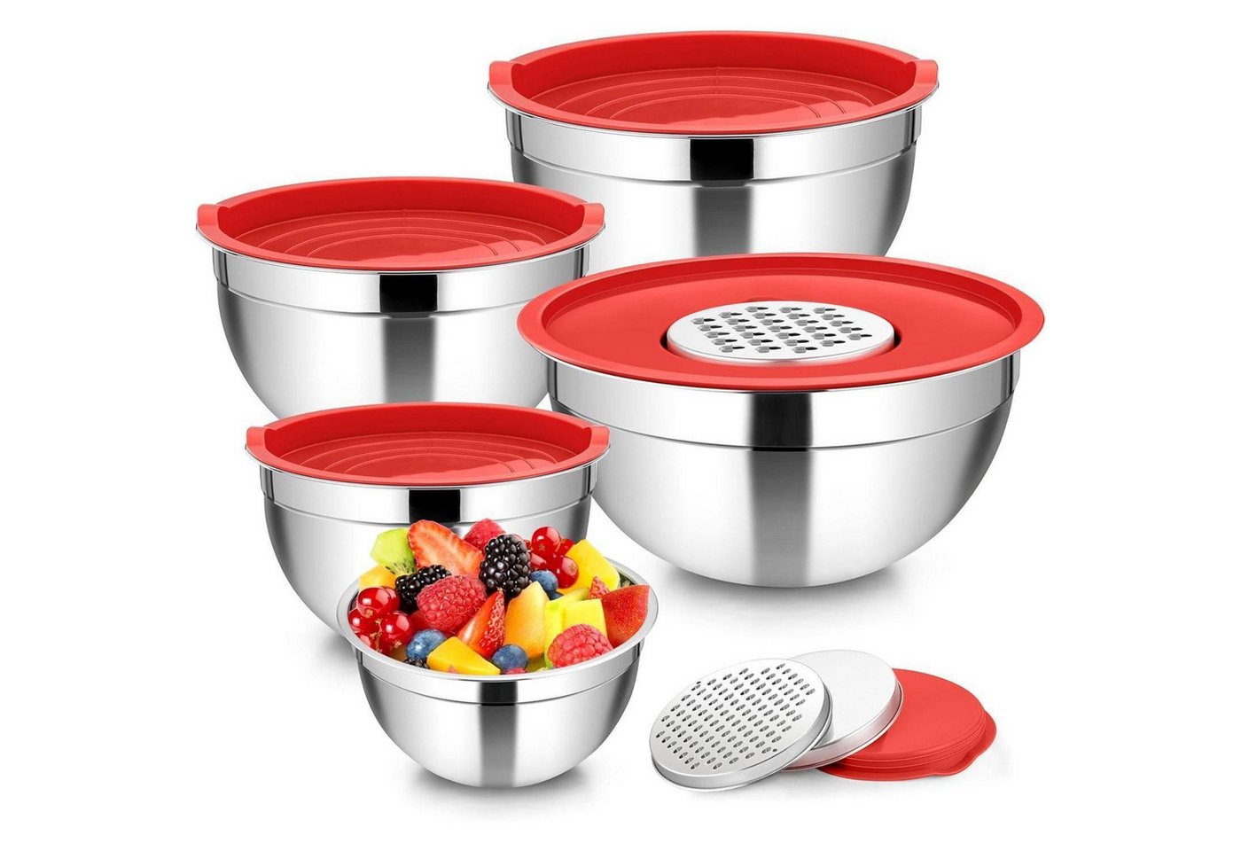 LuxusKollektion Backform Schüsselset Edelstahl 5er luftdicht 3 Rot mit 3 Reibenaufsätzen von LuxusKollektion