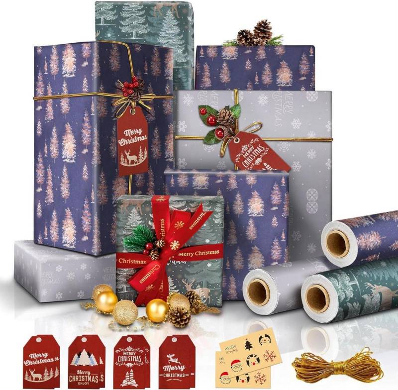 LuxusKollektion Baumbehang Weihnachtspapier Geschenkpapier 3 Rollen 15m Vintage Set mit Seil von LuxusKollektion