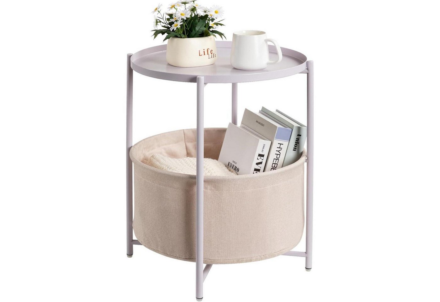 LuxusKollektion Beistelltisch Beistelltisch Rund Metall Stoffkorb Abnehmbar Tablett Hellviolett von LuxusKollektion