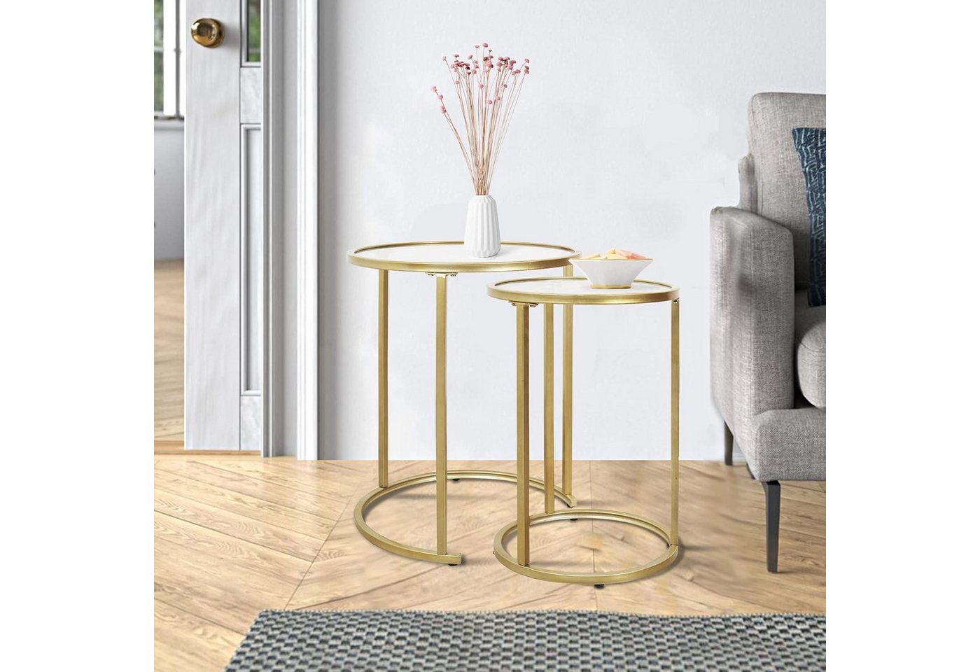 LuxusKollektion Beistelltisch Gold Beistelltisch-Set Modernes Rundes Glas Metall 2er-Set von LuxusKollektion